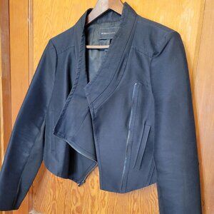 BCBG MaxAzria Black Moto Jacket Large Asymmetric Zip Cropped Patched‎ AS-IS
